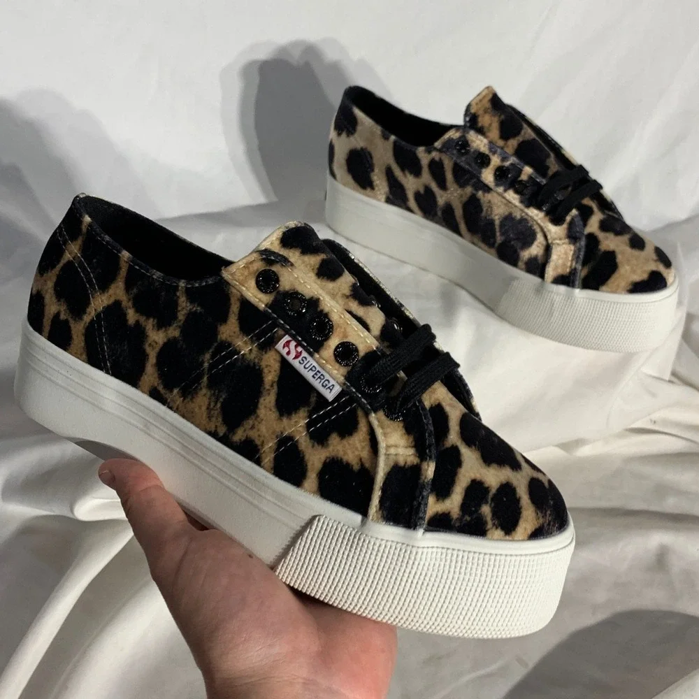 NEW Superga Platform Velvet Leopard Animal Print Shoes Size 8